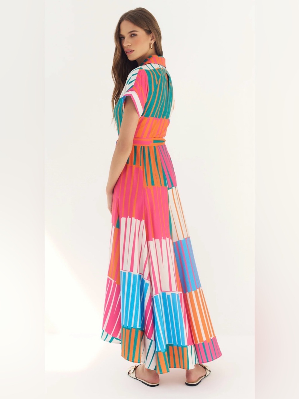 Hutch Johnnie Multicolor Striped Wrap Maxi Dress in Blue, Pink, Orange NWT Sz L - Picture 2 of 7